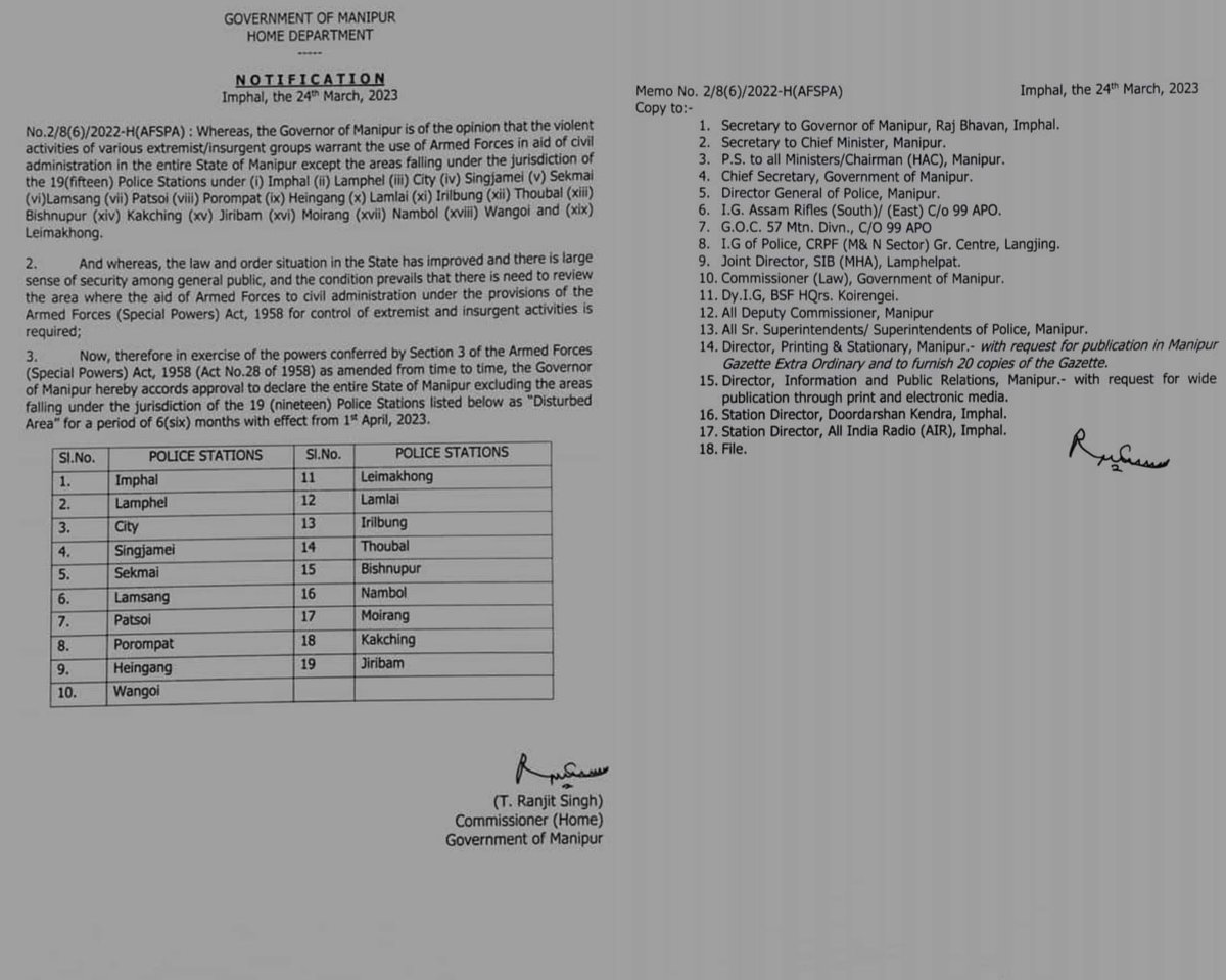 CaromoiTouz's tweet photo. This is another proof of the super-biased #ManipurGovt pre-planned ethnic cleansing of the Kuki-Zo tribals. How can 19 police stations be declared as non-disturbed areas while the rest of tribal areas are termed #DisturbedAreas? Double-Engine govt of @NBirenSingh #NoPeace @UN https://t.co/MpSUGTnkoN