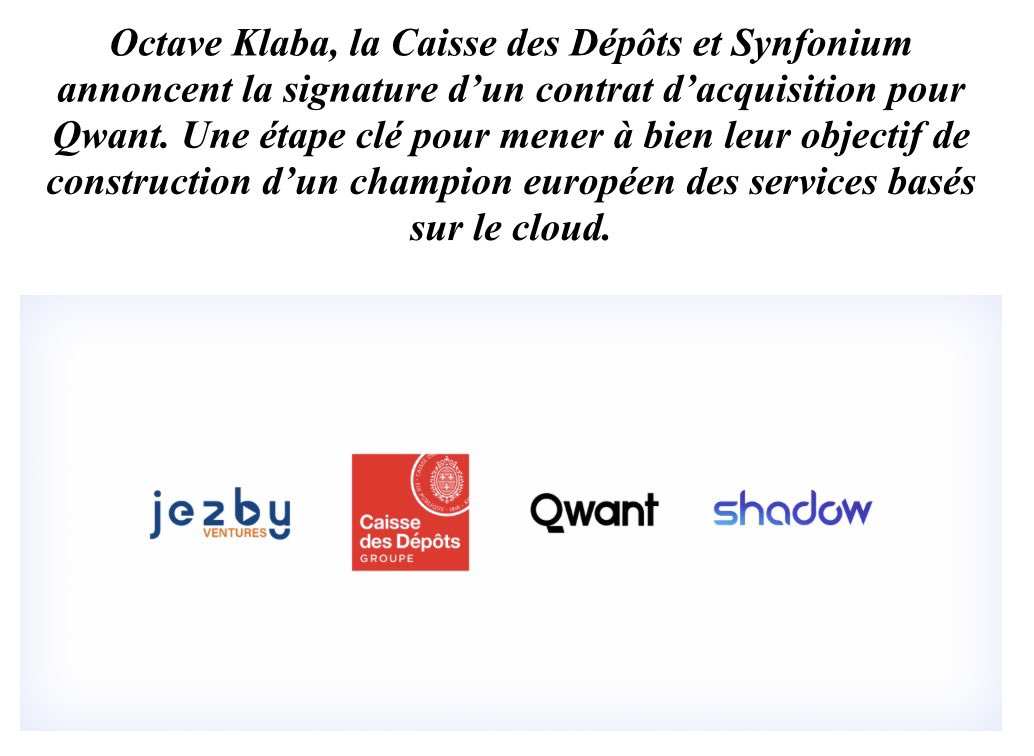Suite au POC de (new) Qwant et vos feedbacks, avec Miro, mon frère, et la Caisse des Dépôts, nous avons décidé de finaliser la création de Synfonium qui va maintenant racheter 100% de Qwant et 100% fe Shadow. Synfonium est détenue à 75% par Jezby Venture &amp; Deep Code et à 25% par