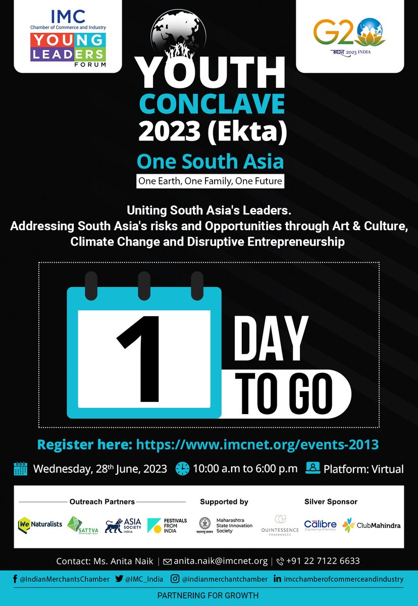 Young Leaders Forum (@ylf_imc) on Twitter photo One Day to Go: Join us for #IMCYouthConclave2023 , (Ekta), #OneSouthAsia, One Earth, One Family, One Future on Wednesday, June 28, 2023 from 10:00 am to 6:00 pm
Register on imcnet.org/events-2013
For more information, contact Ms. Anita Naik on anita.naik@imcnet.org
<a href="/g20org/">G20 South Africa</a> One Day to Go: Join us for #IMCYouthConclave2023 , (Ekta), #OneSouthAsia, One Earth, One Family, One Future on Wednesday, June 28, 2023 from 10:00 am to 6:00 pm
Register on imcnet.org/events-2013
For more information, contact Ms. Anita Naik on anita.naik@imcnet.org
<a href="/g20org/">G20 South Africa</a>