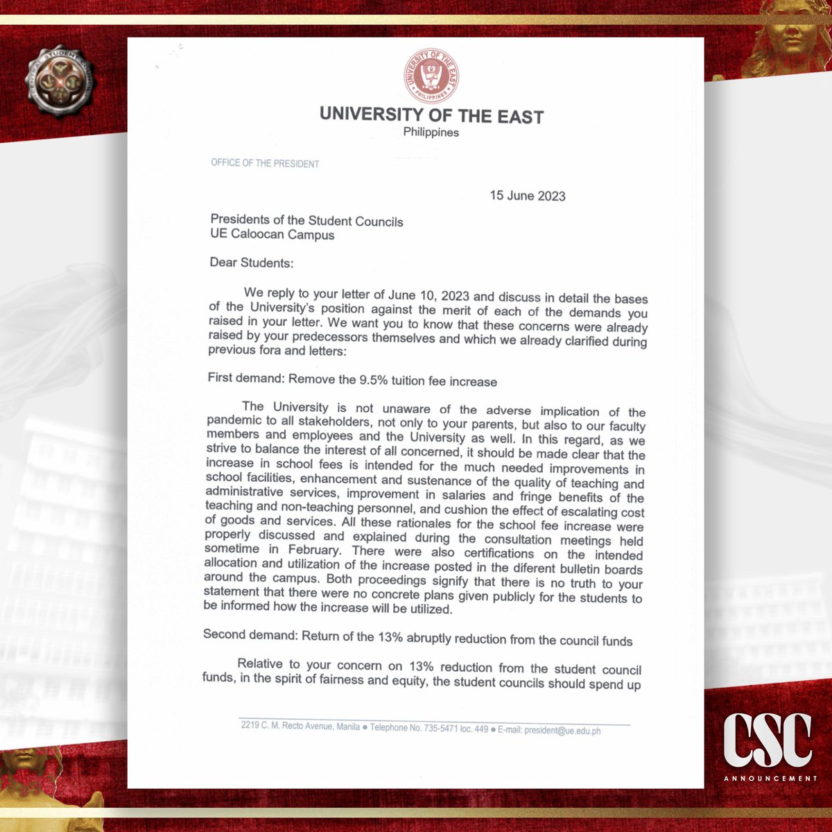 UECSC_Official's tweet photo. 𝗖𝗘𝗡𝗧𝗥𝗔𝗟 𝗔𝗡𝗡𝗢𝗨𝗡𝗖𝗘𝗠𝗘𝗡𝗧 | PRES. BATTAD RESPONDS TO COUNCILS: 6 STUDENT DEMANDS
He deemed that our six student demands have already been addressed in their previous responses and to respect their decisions as they were done taking everything into consideration. https://t.co/SdpGLLXi0E