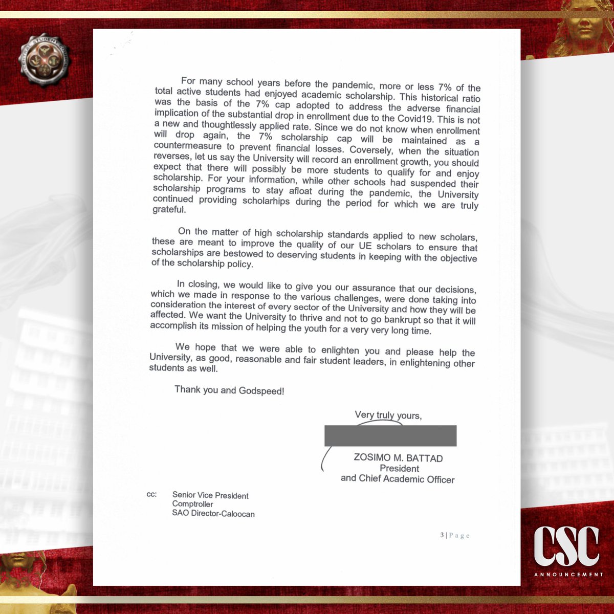 UECSC_Official's tweet photo. 𝗖𝗘𝗡𝗧𝗥𝗔𝗟 𝗔𝗡𝗡𝗢𝗨𝗡𝗖𝗘𝗠𝗘𝗡𝗧 | PRES. BATTAD RESPONDS TO COUNCILS: 6 STUDENT DEMANDS
He deemed that our six student demands have already been addressed in their previous responses and to respect their decisions as they were done taking everything into consideration. https://t.co/SdpGLLXi0E