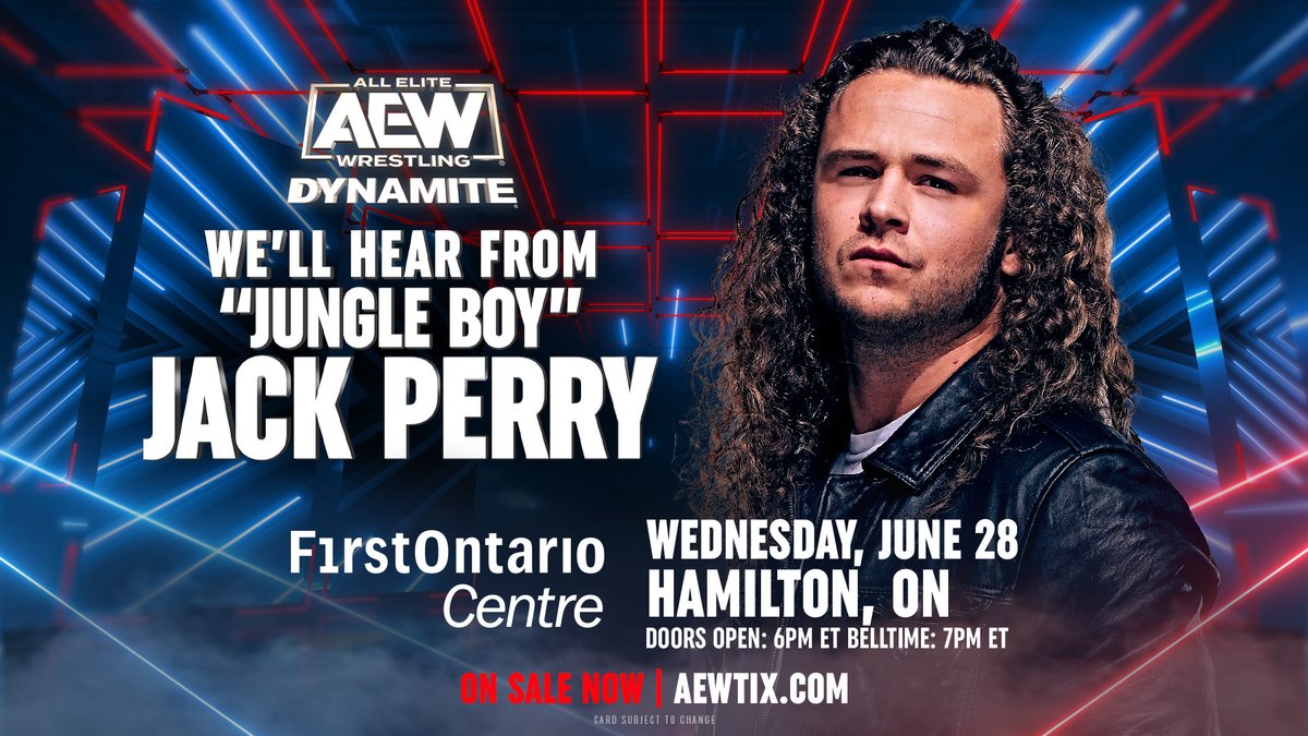 After viciously blindsiding HOOK at #ForbiddenDoor, we'll hear from #JungleBoy Jack Perry <a href="/boy_myth_legend/">Jack Perry</a> TOMORROW on #AEWDynamite!
Don’t miss Wednesday Night #AEWDynamite LIVE from Hamilton, Ontario's FirstOntario Centre 8pm ET/7pm CT on @tbsnetwork
🎟️ AEWTIX.com