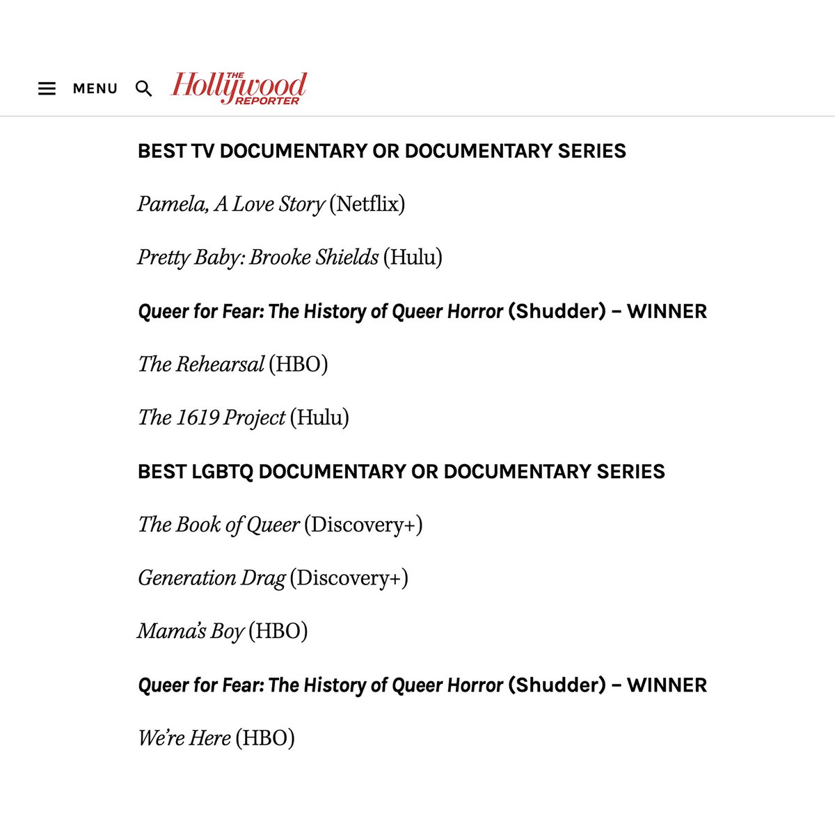 Galeca: The Society of LGBTQ Entertainment Critics announced the winners in its 15th annual @DorianAwards which recognizes excellence in LGBTQ+ television. Very excited that @Shudder + @AMC_TV’s “Queer For Fear” was named the winner in both of its nominated categories!…