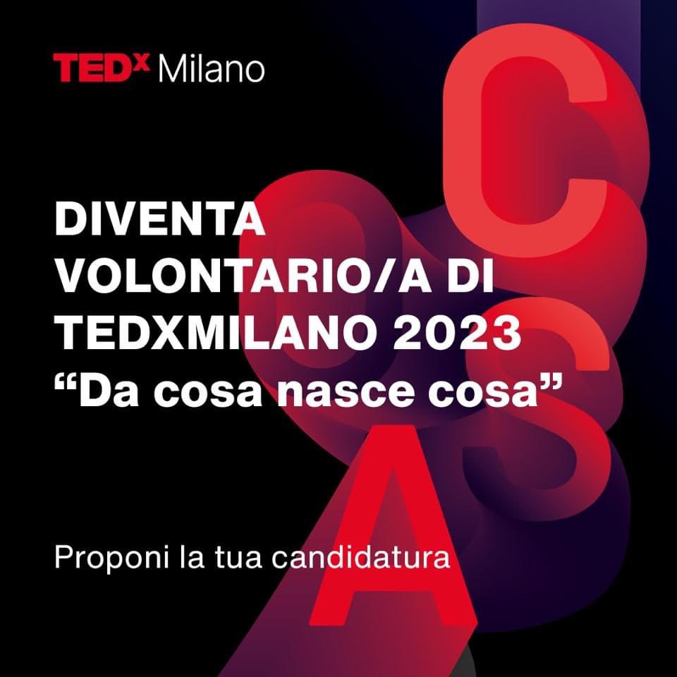 💡 Sono aperte le candidature per diventare volontari a #TEDxMilano 2023 “Da cosa nasce cosa” che si terrà domenica 8 ottobre al #TeatrodalVerme

❌ Per proporti, scrivi una mail entro il 7 luglio a volontari@tedxmilano.com e compila il form che ti invieremo

Vi aspettiamo🫶