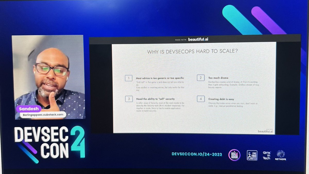 ronakbanka's tweet photo. @JubbaOnJeans from Razorpay Security team talking at @devseccon about why DevSecOps is hard to scale and how frameworks can help.
#DSC24 #DSC4Good https://t.co/aA8gfRgkEs
