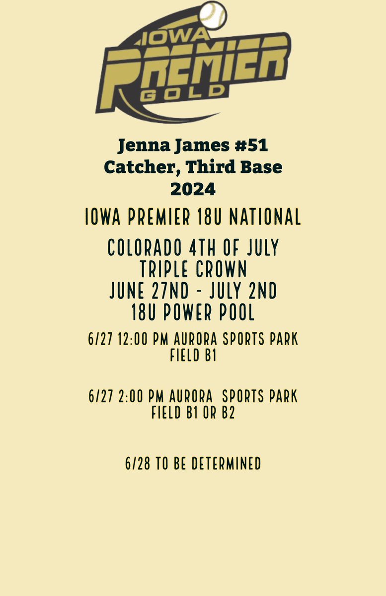 Here is my schedule for this week in Colorado with <a href="/IowaPremierFP/">Iowa Premier Fastpitch</a> 18u National!!! Hope to see you there!!  <a href="/KristinaMcSwee6/">Kristina McSweeney</a> <a href="/JoshBertke/">Josh Bertke</a> <a href="/Coach_LWood/">Lacy Schurr (Wood)</a> @CoachHeflinISU <a href="/Coach_Kramos/">Tina Kramos</a> <a href="/CoachPinkerton/">Jamie Pinkerton</a> <a href="/Courtmartinez9/">Courtney Martinez</a>