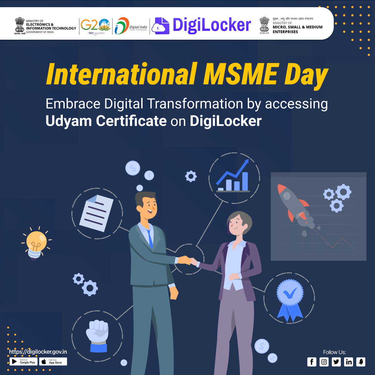 Celebrate International MSME Day with #DigiLocker! Access your Udyam Certificate digitally and simplify your business documentation process. digilocker.gov.in/installapp #InternationalMSMEDay