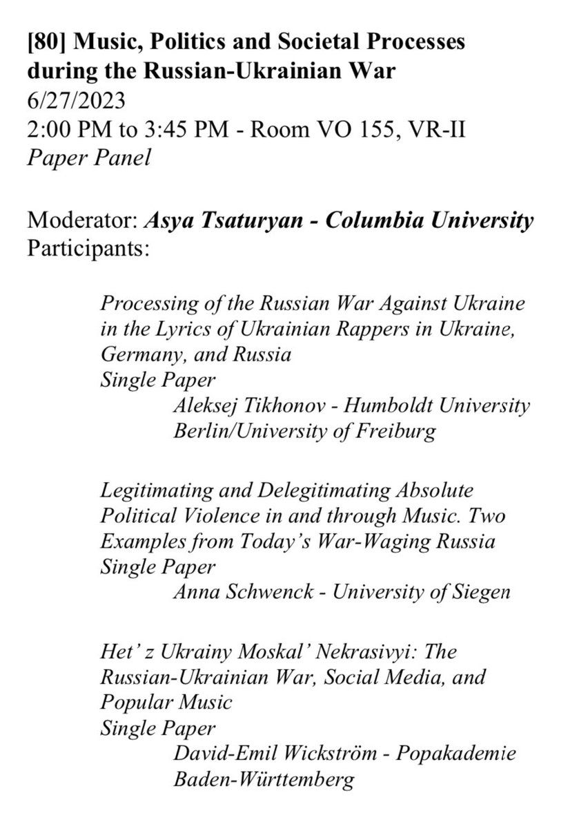 If in #Reykjavik today come join Anna Schwenk, @derslawist, Asya Tsaturyan &amp; moi for our panel "#Music, #Politics &amp; Societal Processes during the #Russian-#Ukrainian #War"@ 29th International Conference of Europeanists @ces_europe -I’m talking about #SongsOfWar &amp; #PopularMusic
👇🏼