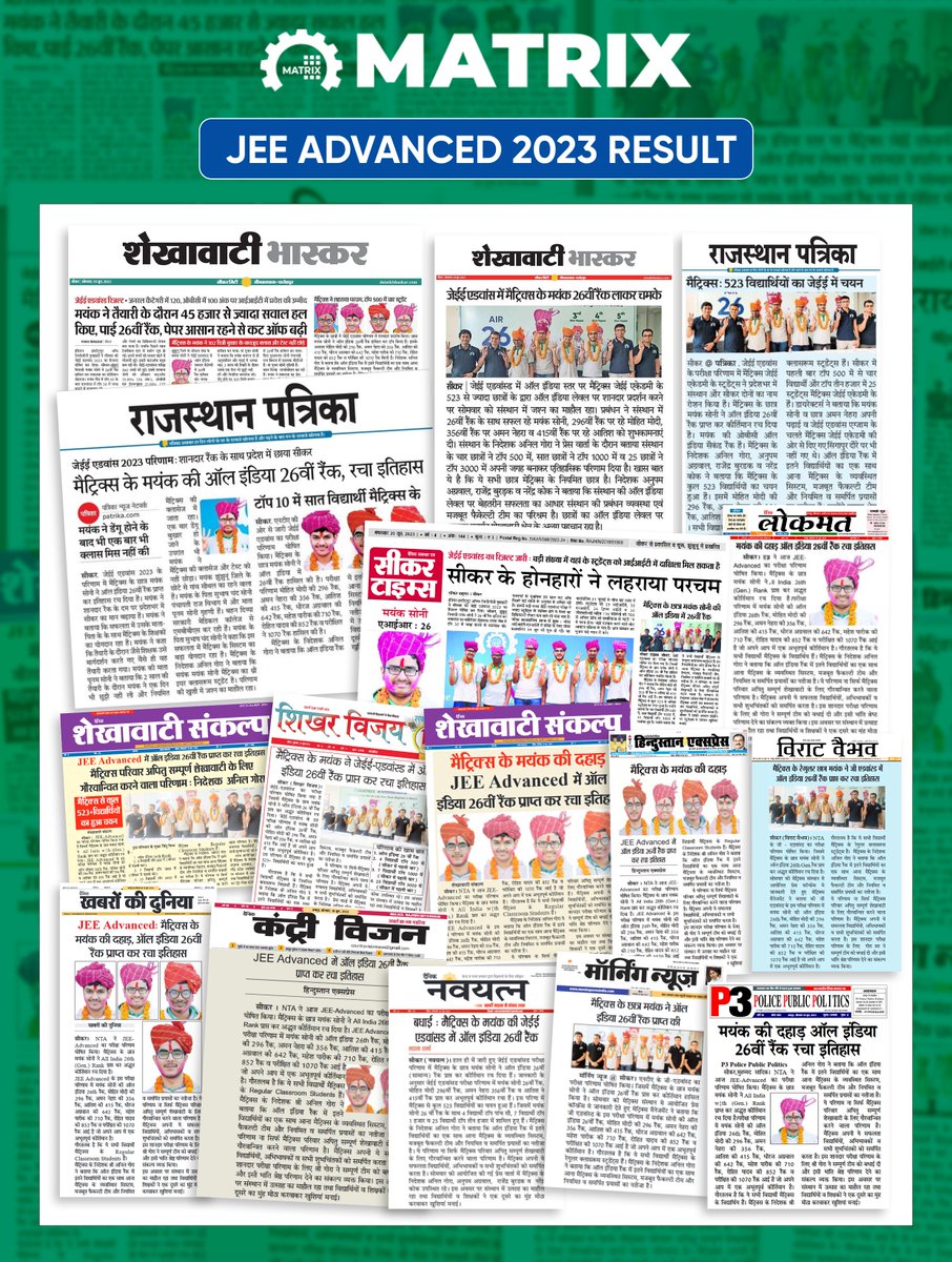 MatrixSikar's tweet image. #JEEAdvanced2023Result: Matrix के छात्र मयंक सोनी ने AIR 26 हासिल कर सीकर में टॉप किया! कुल 523+ विद्यार्थियों ने परीक्षा क्वालिफ़ाई की। 

सीकर से टॉप 5 में 4 व टॉप 10 में 7 विद्यार्थी केवल Matrix से है।

☎  +91 1572 241911
🌐 matrixedu.in

#MatrixSikar #sikarnews