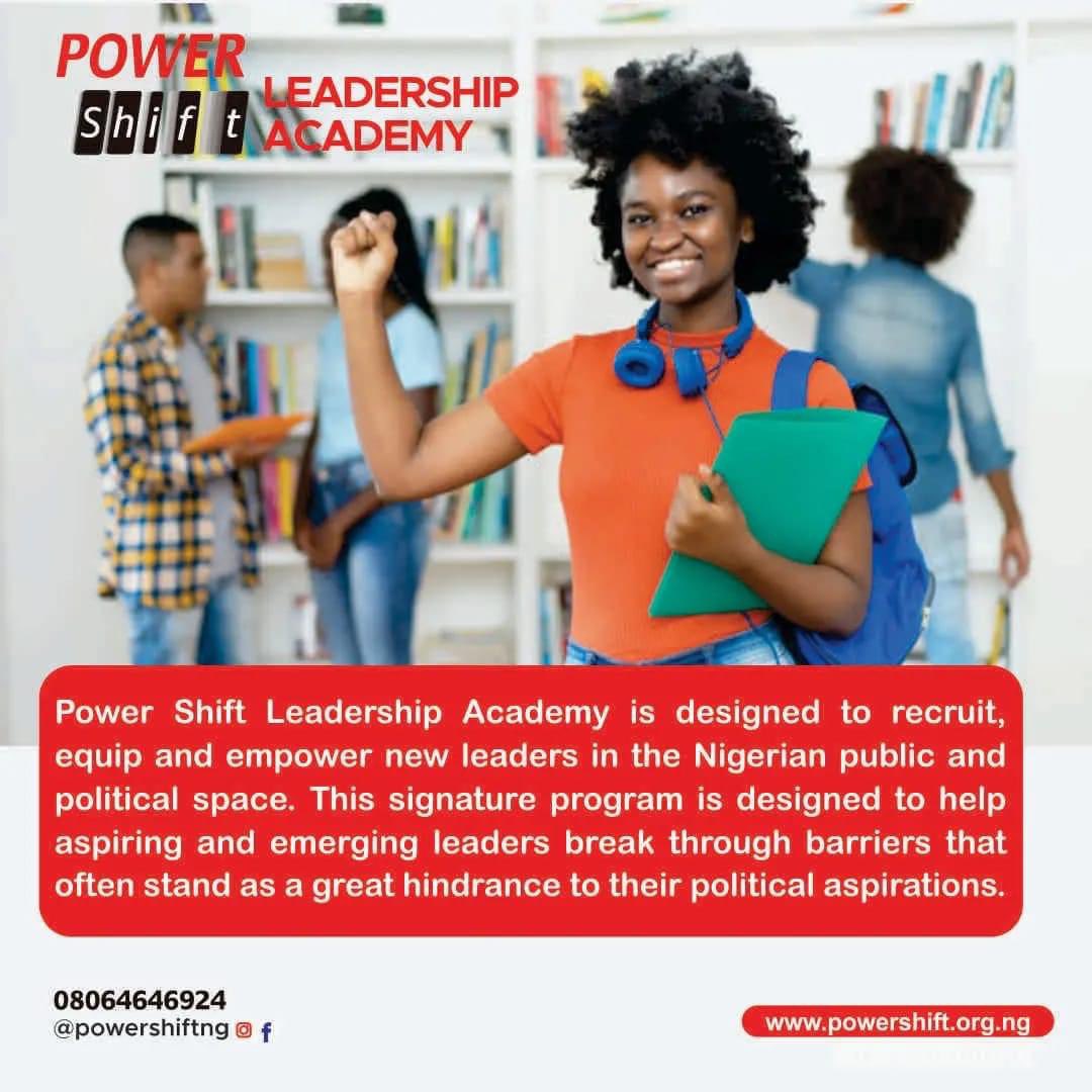 #powershiftng 
Powershift Leadership Academy is a school that offers a Global standard leadership training that helps participants who are ready to create positive 
disruptions with right actions in the right directions 
Rush now and  register in the link below to apply for *free