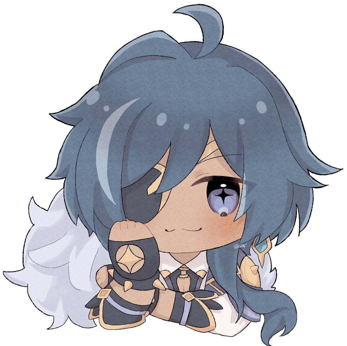 kaeya (genshin impact) 1boy male focus gloves blue hair chibi dark-skinned male solo  illustration images