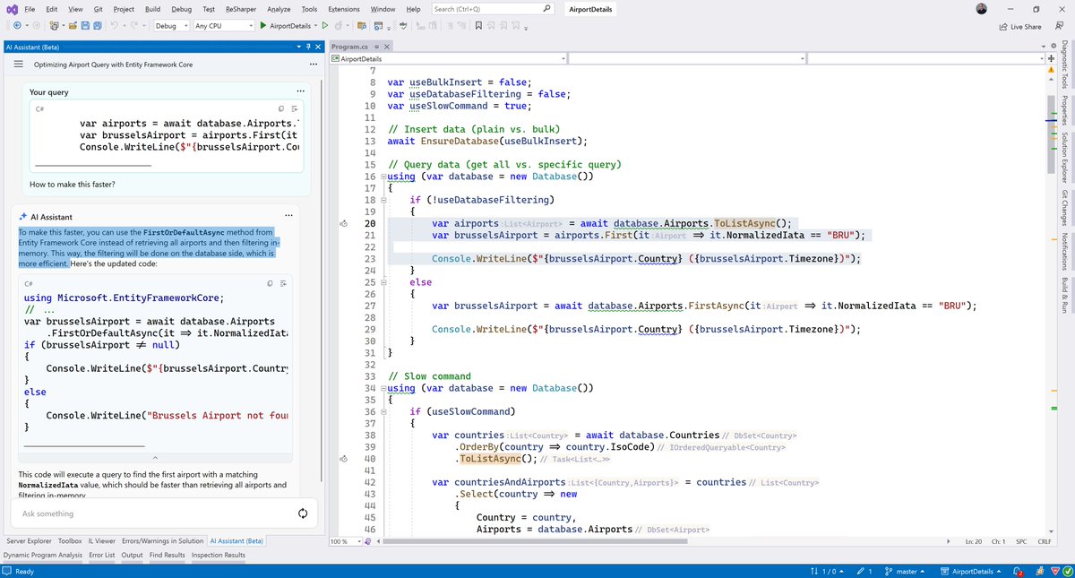 maartenballiauw's tweet image. Have you tried the AI-assistant in @resharper yet? Pretty cool if you ask me.

1) Dynamic Program Analysis says &quot;this is slow&quot;
2) Alt+Enter | Send to AI
3) AI Assistant gives correct fix (use DB filtering)

blog.jetbrains.com/dotnet/2023/06… #dotnet