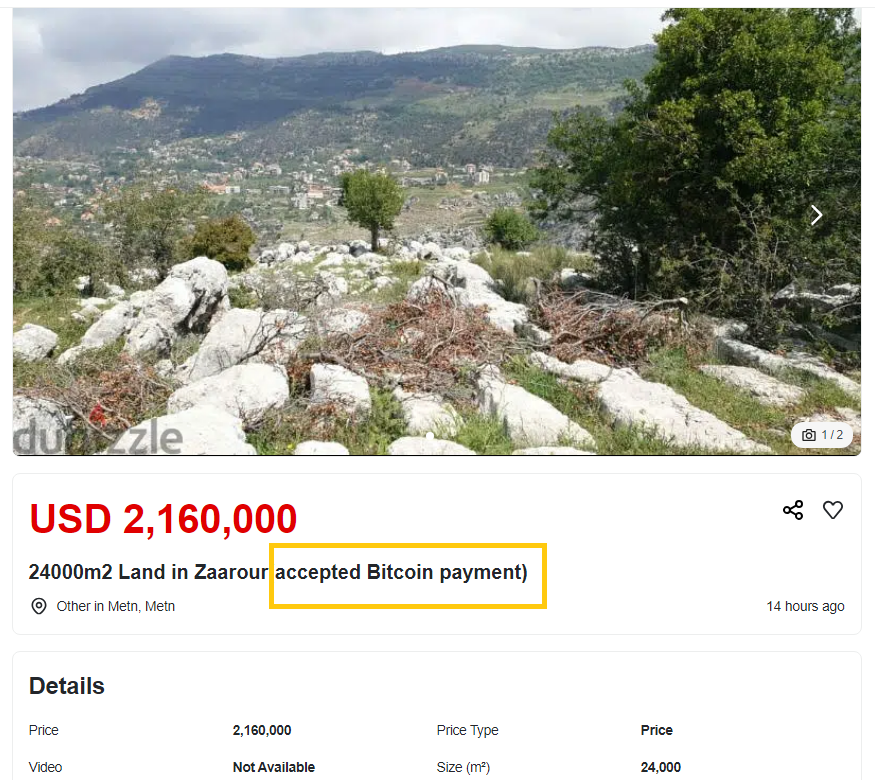 Lebanese accept #Bitcoin Payments for real estate lands in #Zaarour Village. 

#bitcoin  #Lebanon #Lebanonnews #RealEstate #btc  <a href="/Bitcoin/">Bitcoin</a> <a href="/BTC_Archive/">Bitcoin Archive</a> <a href="/BitcoinduLiban/">₿itcoin du Liban 🇱🇧</a>