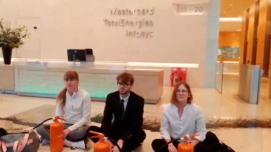 This action happened in collaboration with the students wing of <a href="/JustStop_Oil/">Just Stop Oil</a> who sprayed and painted <a href="/TeamTotalEnrg/">Team TotalEnergies</a> headquarters with orange paint, unfortunately the students activists were as well arrested and we immediately call for their immediate release. 
#stopeacop