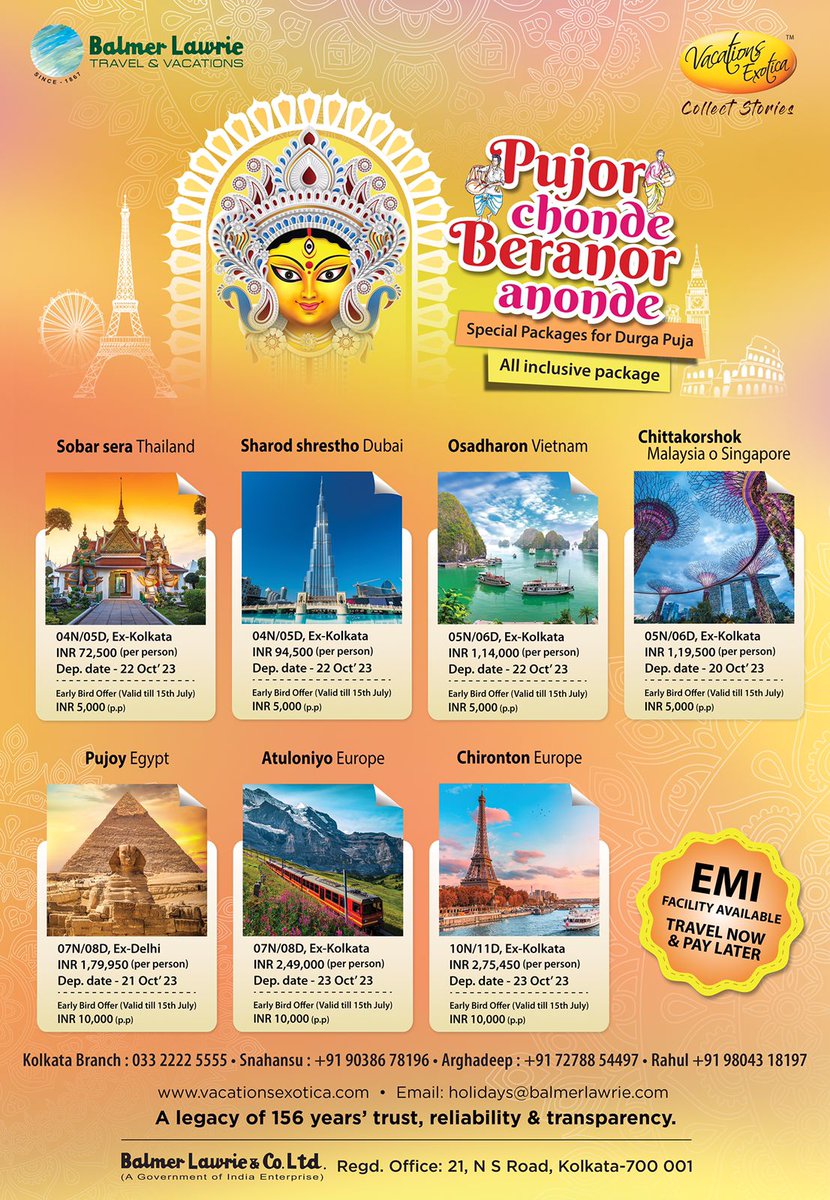 Special holiday packages for Durga Puja from Vacations Exotica. 
Visit holidays.vacationsexotica.com/location/inter… to book now!
#BalmerLawrie #VacationExotica #durgapuja #holidaypackages #vacations #booknow
