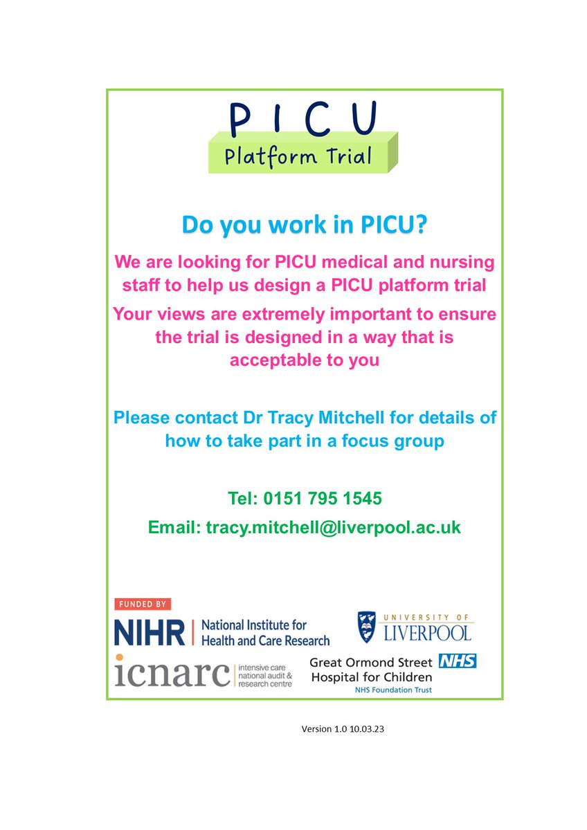 Do you work in #PICU ? Please help us to design a PICU Platform Trial that is acceptable to children & YP, parents & you by taking part in a focus group. Contact tracy.mitchell@liverpool.ac.uk for more info. Please RT. @PICSociety @pic_pram @PICU_AHCH @EPIC_scot @kerry_woolfall