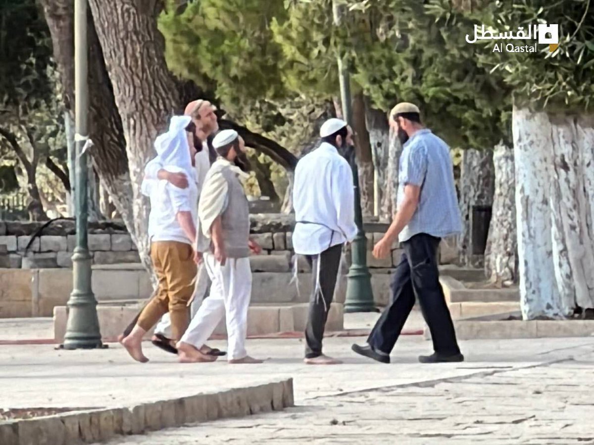 Palesti33530198's tweet photo. In Pictures: Extremist Israeli settlers break into Jerusalem’s Al-Aqsa Mosque courtyards, this morning, while being backed by well-armed Israeli occupation forces. https://t.co/pN2AL94FSP