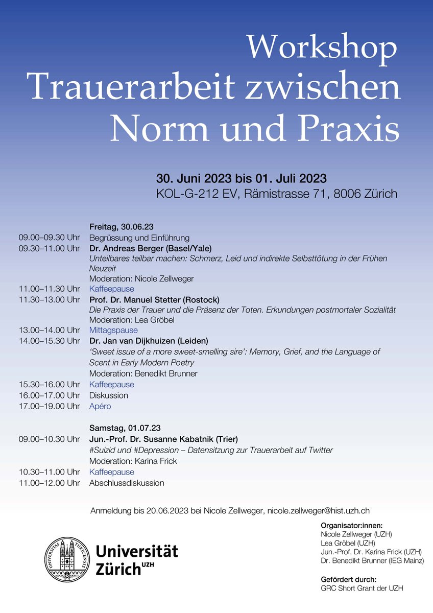 Digital Religion(s) (@uzh_digrel) on Twitter photo 📅Save the date: 30.06.-01.07. - Workshop "Trauerarbeit zwischen Norm und Praxis". Der Workshop ist hybrid - Online-Teilnahme möglich! Anmeldung bis 29.06. 👉digitalreligions.uzh.ch/de/Aktuelles/a…
<a href="/LeaGroebel/">Lea Gröbel</a> @karina_frick <a href="/GraduateCampus/">UZH Graduate Campus</a> 📅Save the date: 30.06.-01.07. - Workshop "Trauerarbeit zwischen Norm und Praxis". Der Workshop ist hybrid - Online-Teilnahme möglich! Anmeldung bis 29.06. 👉digitalreligions.uzh.ch/de/Aktuelles/a…
<a href="/LeaGroebel/">Lea Gröbel</a> @karina_frick <a href="/GraduateCampus/">UZH Graduate Campus</a>