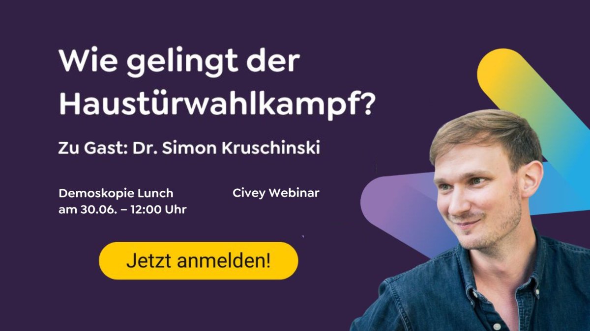 Wie effektiv ist #Haustürwahlkampf?🚪🏃‍♂️🚪

Am Freitag spreche ich im "Demoskopie Lunch" von <a href="/civey_de/">Civey</a> über den Einfluss von Haustürbesuchen auf Wahlbeteiligung &amp; Parteiwahl.  

🗓 Wo &amp; wann? Online am 30.6. von 12-12:45 Uhr

🗳️Meldet Euch noch heute an: civey.com/loesungen/demo…