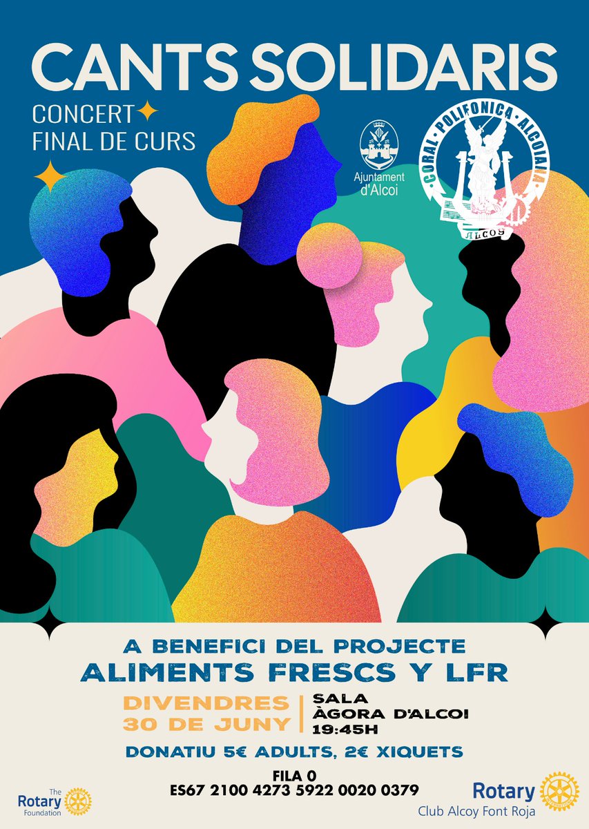 🎵Vols gaudir d'una velada musical i solidària?
🗓️Vine proper divendres, 30 de juny a les 19:45h. a Àgora
🎶Concert Final de Curs "Cants solidaris" de la Coral Polifònica Alcoiana, a benefici del projecte Aliments Frescs i LFR
Més info ⬇️