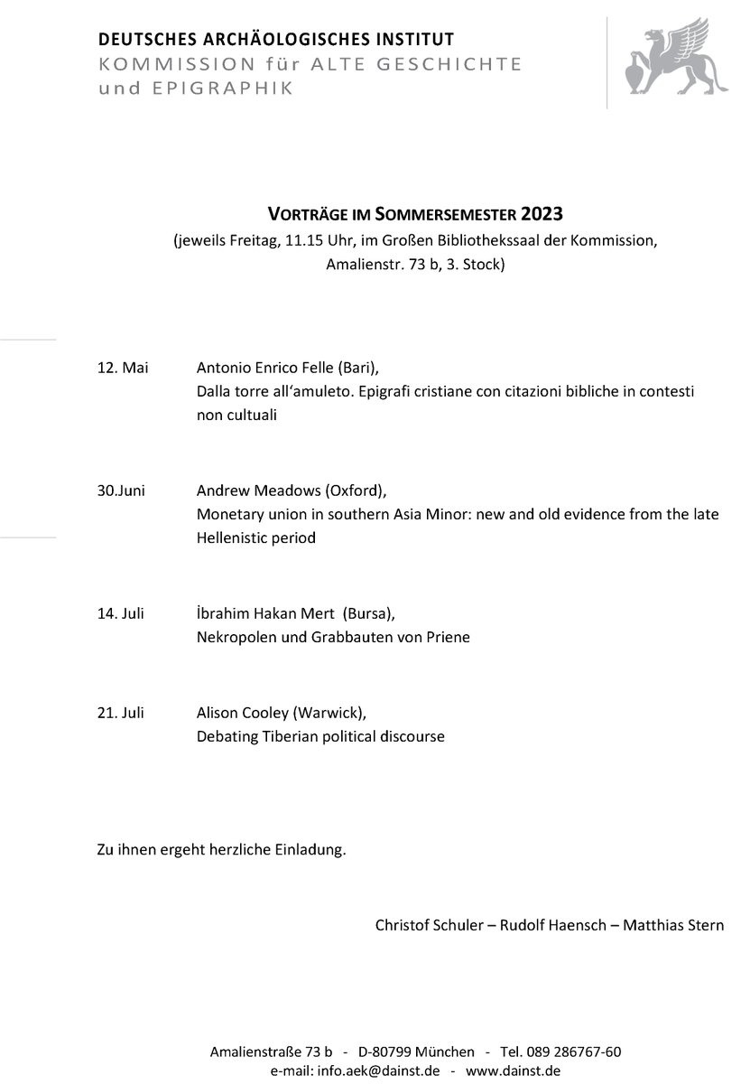 Der numismatische Vortrag in diesem SoSe an der Kommission für Alte Geschichte und Epigraphik steht an: 
Andrew Meadows <a href="/Menetys/">Andrew Meadows</a> spricht zu "Monetary union in southern Asia Minor: new and old evidence from the late Hellenistic period." Fr 30.06. 11:15!
<a href="/dai_weltweit/">DAI</a> 
#DAI_AEK