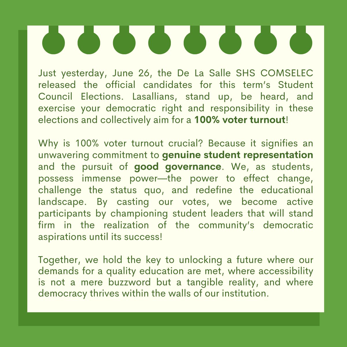 LASALLIANS, TAKE AIM for a 100% voter turnout and fight for quality, accessible, and democratic education! 🎯🗳️

#ArchersAims
#NoToMROTC
#NoToTOFI