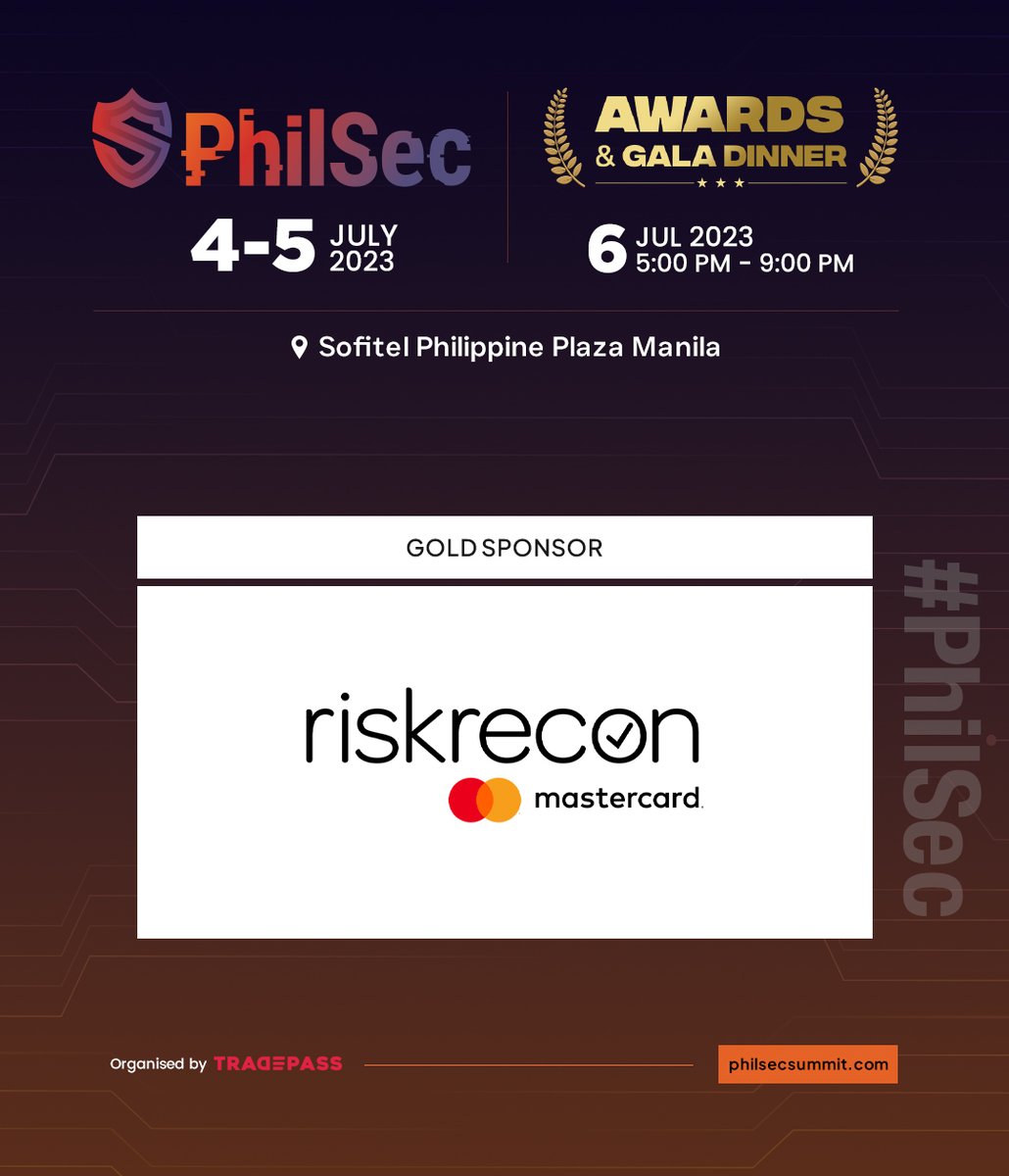 We are excited to welcome RiskRecon, A Mastercard Company to PhilSec 2023!

Reserve your spot now: hubs.la/Q01VWlNZ0

#PhilSec2023 #PhilSec #philippines #manila #sofitel #cybersecuritysolutions #cybersecurity #cyberdefence #networksecurity #Event #tradepass