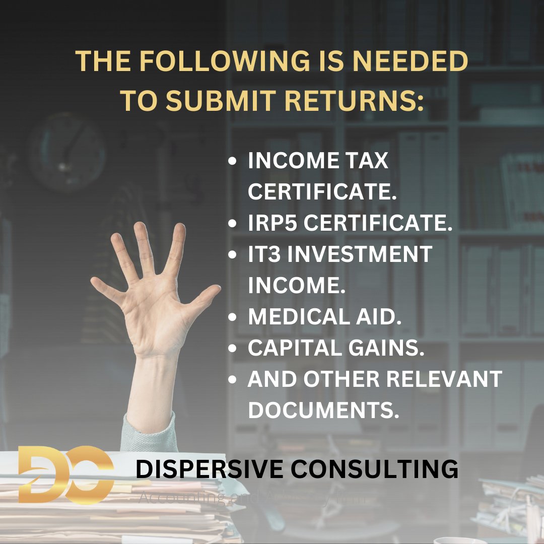 DispersiveCons1's tweet photo. As we count down to the #personaltaxseason, here is a reminder of a what is required of you 🔝BOOK YOUR FREE SESSION WITH US.
Find us at https://t.co/YZ6xIOklmB OR send an email to info@dispersive.co.za
#fyp
#taxseason
#efiling
#moneyhack
#freeconsultation
#bookforfree https://t.co/GQHVDI2lDz