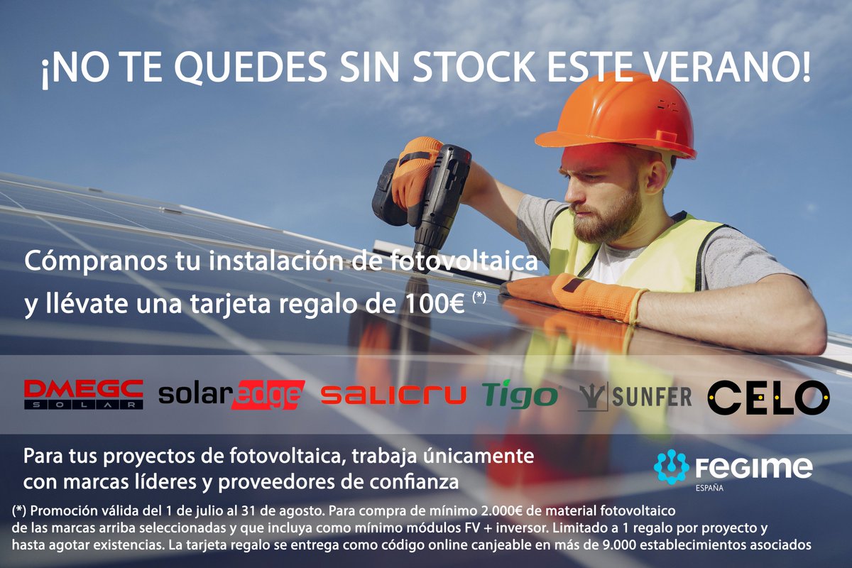 Fegimeonline's tweet photo. #Fegime recibe el certificado de distribuidor oficial de #DMEGC y lo celebra por todo lo alto.
Desde el 1 de julio hasta el 31 de agosto, podrás obtener 1 tarjeta regalo de 100€ por tus compras en material #fotovoltaico. Consulta condiciones en tu distribuidor de #Fegime. https://t.co/r4952jwV3D