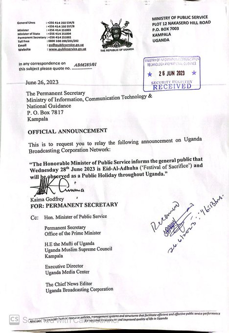 .@GovUganda  Declares Tomorrow 28th June as a public holiday - Eid-Ul- Adha. #FreemanNewsUG.
ReadMore-freemannewsug.com/2023/06/govern….