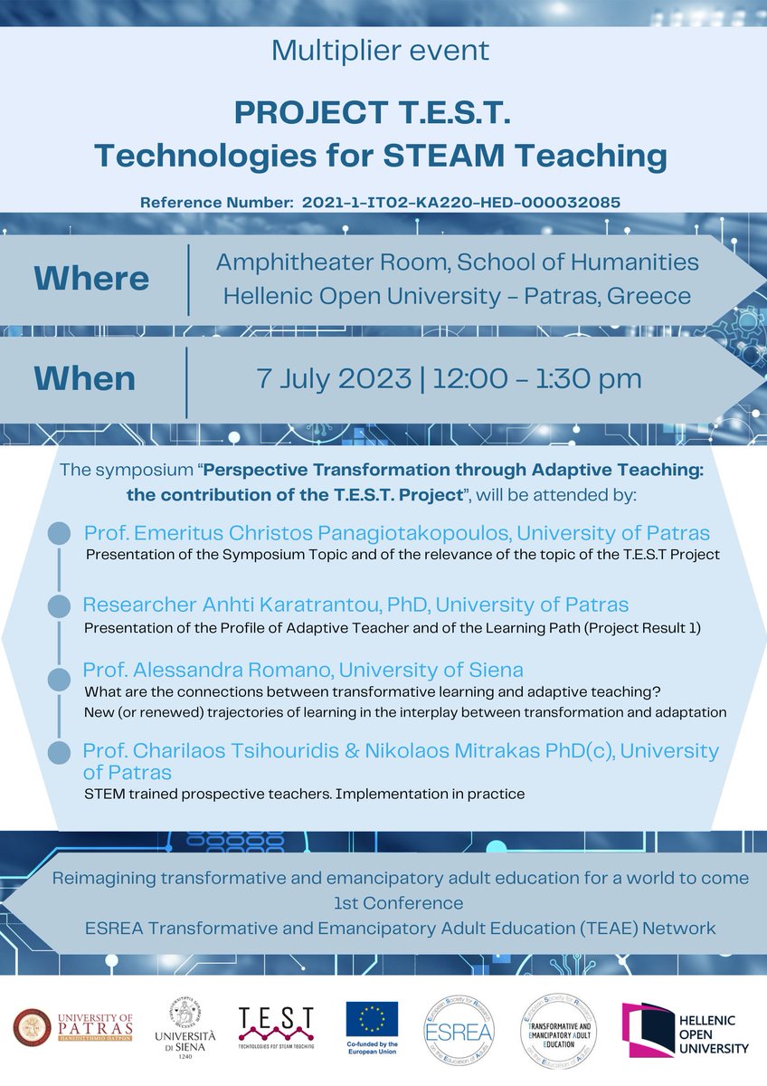 ‼️📣 On Friday 7, the symposium "Perspective Transformation through Adaptive Teaching: the contribution of the T.E.S.T. Project" will be held in Patras, which is organised and will be hosted by <a href="/upatras/">University of Patras</a> 🤩
#AcademicChatter #adaptiveteaching #EdChatEU