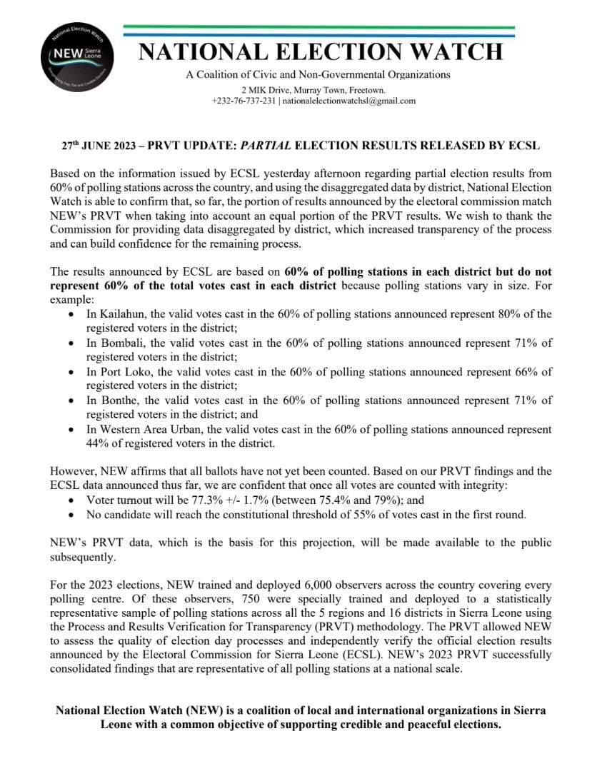 National Election  Watch predicts a run off and calls out ECSL's result irregularities.