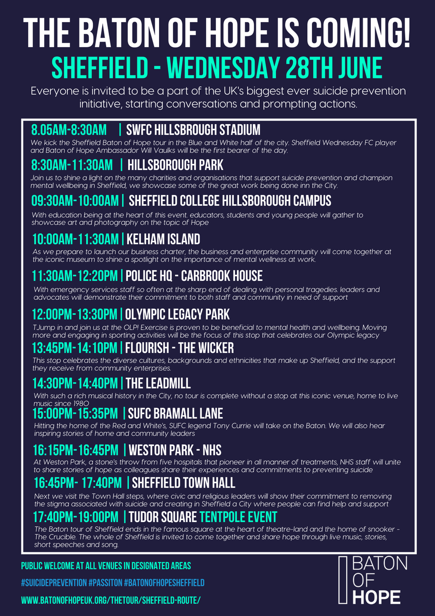 Designed to be the biggest suicide awareness and prevention initiative the UK has ever seen, the #BatonOfHopeUK arrives in #Sheffield tomorrow.  Full details and timings on the Baton of Hope website: batonofhopeuk.org/the-tour/sheff… 
#suicideprevention #passiton #batonofhopesheffield