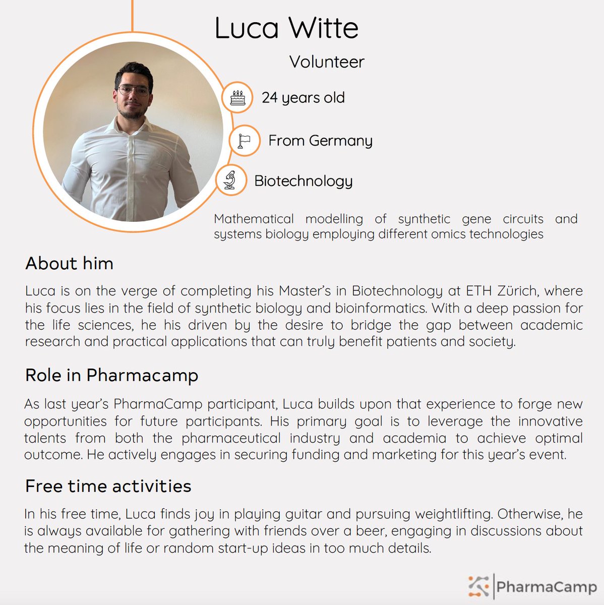 Pharmacamp 2023 will take place in Bern in September. Meet the organising team ! Eighth on is Luca Witte, volunteer at #pharmacamp and currently pursuing his master thesis at ETHZ ! #pharmacamp #unibe #drugdiscovery #precisionmedicine #digitalisation