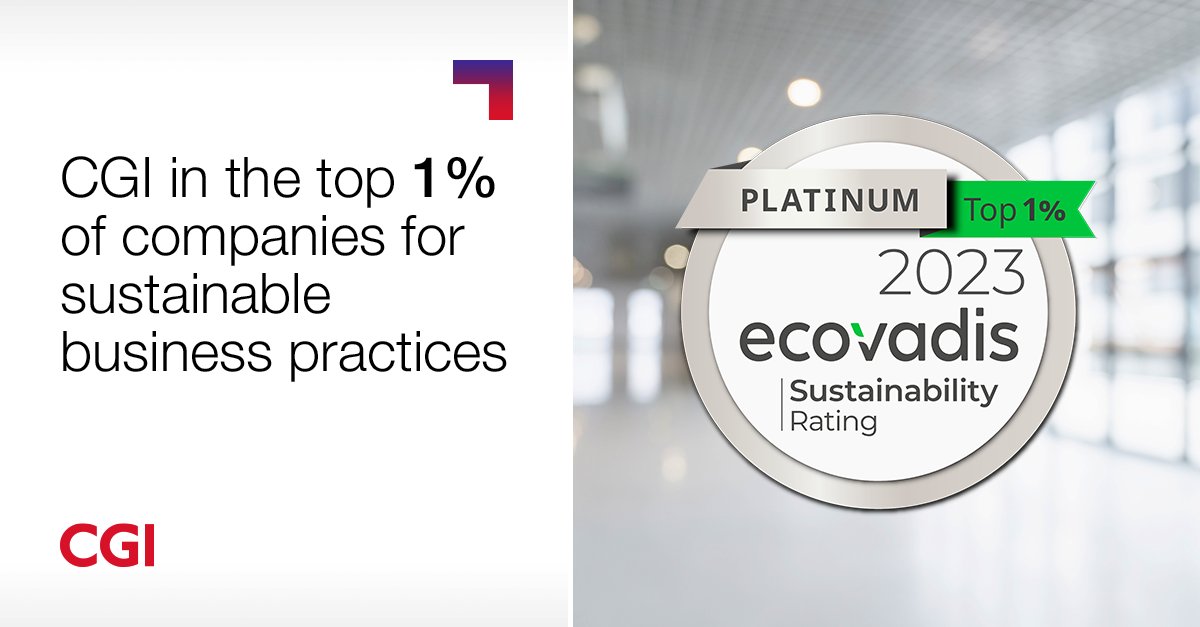 For the second consecutive year, CGI has achieved a platinum rating from @ecovadis for its Sustainability Performance, placing us in the top 1% of companies within the EcoVadis network. go.cgi.com/3NNYe43