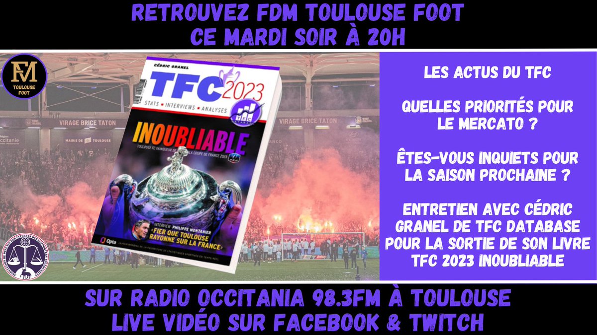 📻#FDMToulouse ce mardi sur <a href="/radiooccitania/">Radio Occitania</a> 98.3FM à 20H [en vidéo sur Twitch &amp; Facebook]

▶️Actus <a href="/ToulouseFC/">Toulouse FC</a>
▶️Les priorités mercato
▶️Inquiets pour la saison prochaine ?
▶️Entretien avec <a href="/cedricgranel/">Cédric Granel</a> de <a href="/TFCDatabase/">TFC Database</a> pour son livre TFC 2023 INOUBLIABLE

💜Réagissez en direct⬇️