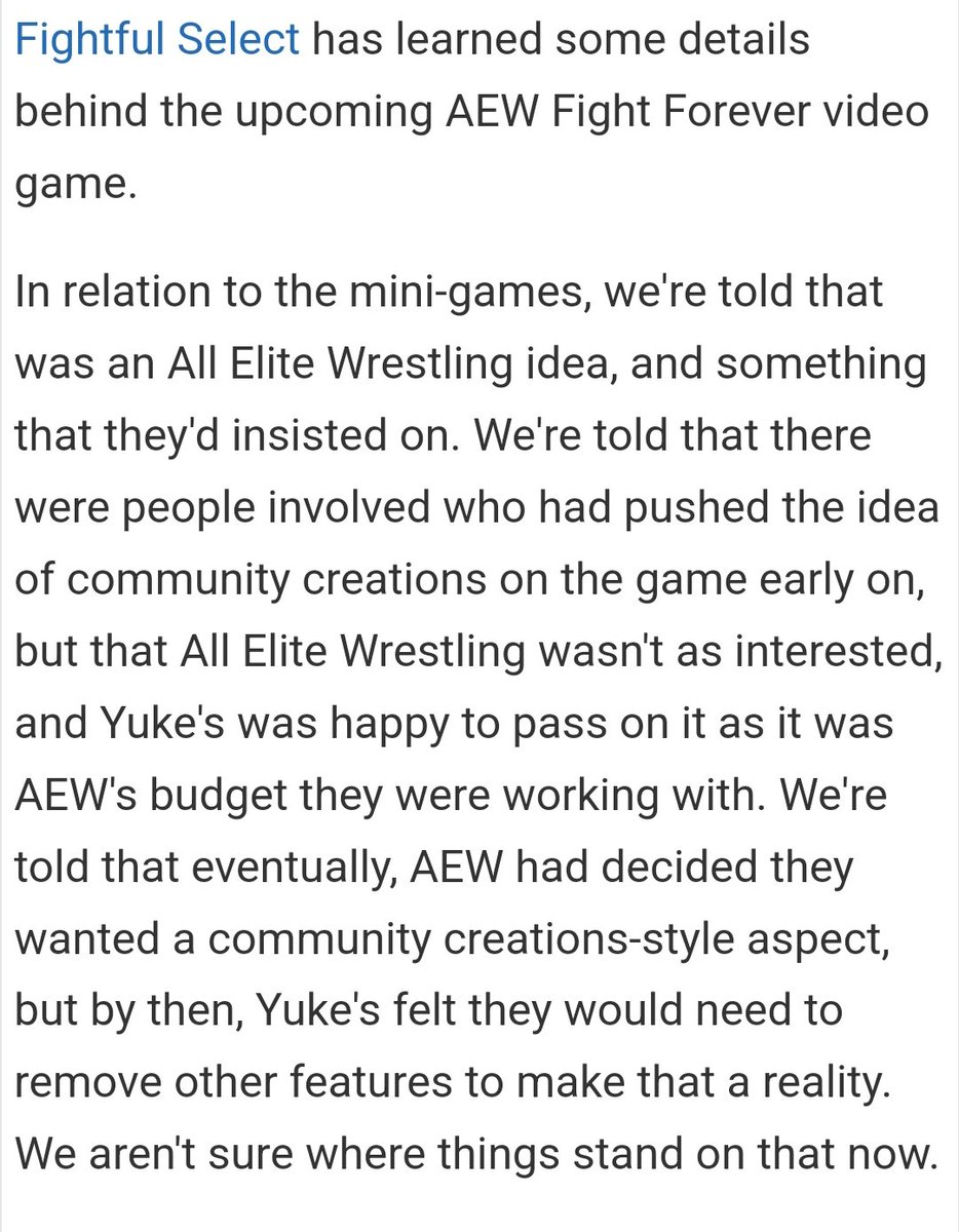 Just randomly found out there's not gonna be community creations in AEW Fight Forever, which is insane, but it's even crazier that they prioritized MINI GAMES over it. Whoever made that call is a fucking dumbass. Legitimate turnoff.