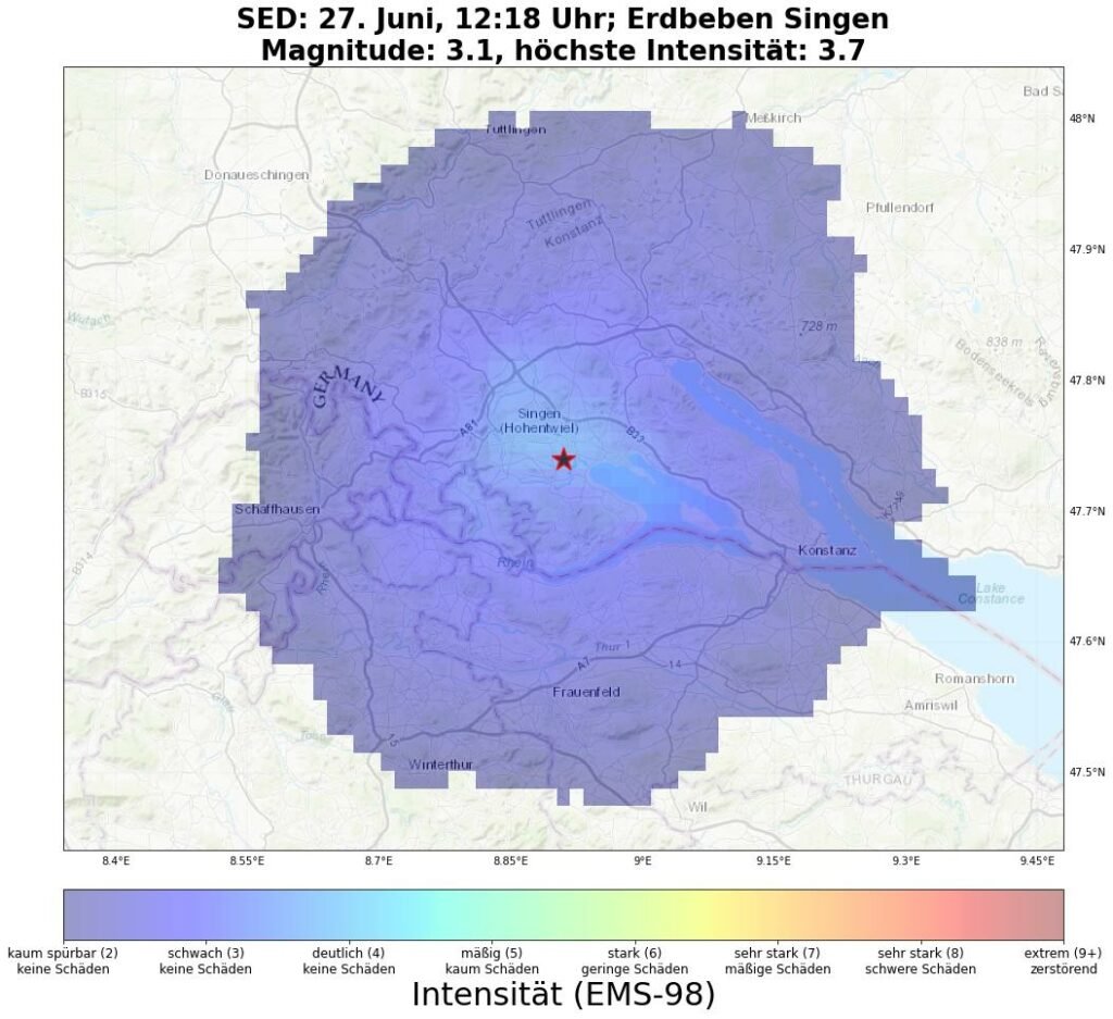 Auf den Erdbebenschwarm am Morgen folgte das stärkste #Erdbeben seit zwei Jahren: Magnitude 3.1 in #Singen, spürbar bis Konstanz erdbebennews.de/2023/06/kleine…