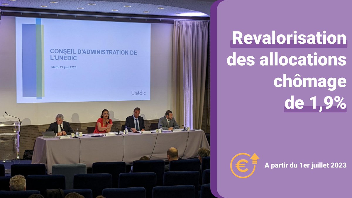 unedic's tweet photo. 📢 L'allocation chômage est revalorisée de 1,9% à partir du 1er juillet 2023 #assurancechômage #chomage https://t.co/CJDnoPRGUL