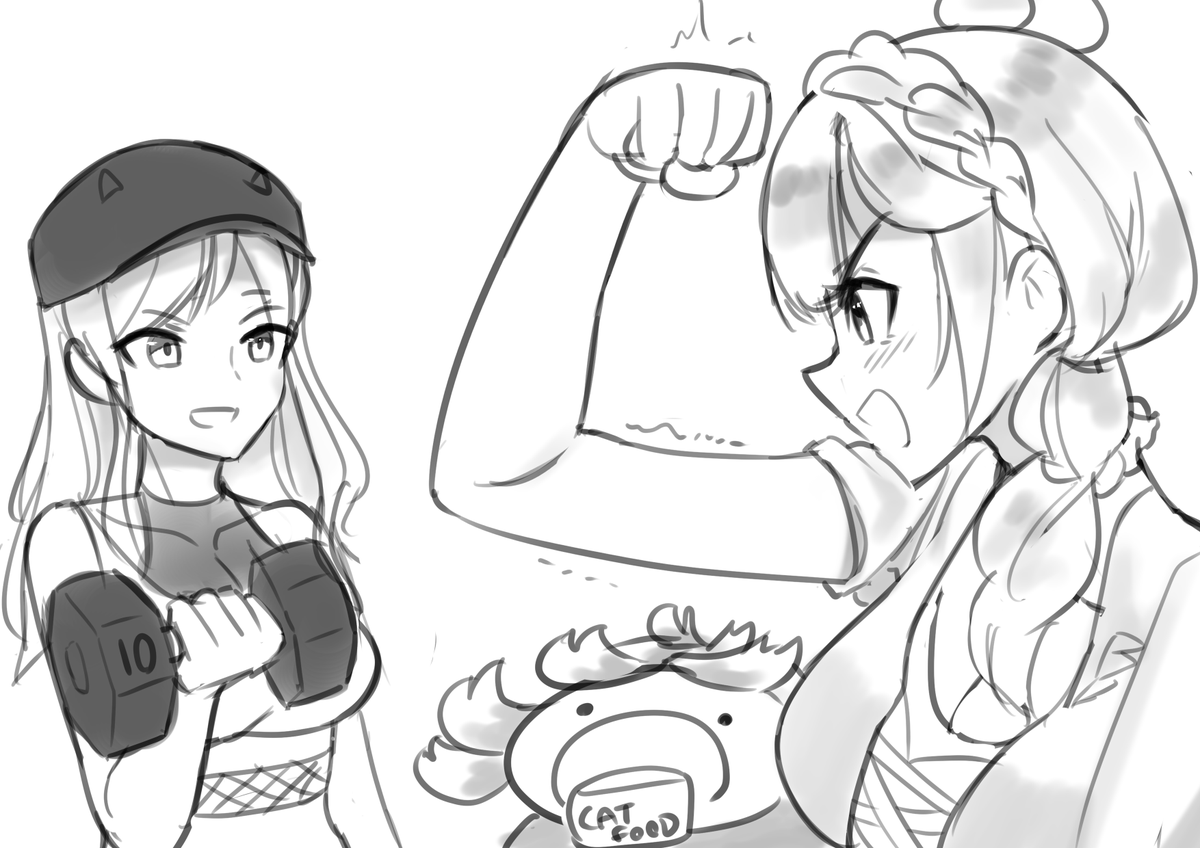 Kiara: WHO'S MORE BUFF, ME OR KOBO?? Calli (lifting 10kg weight): Kiara, your muscles are surprisingly buff, why can't you lift anything? Kobo *eating cat food*  #takamori #KFPicasso #callillust #AeruSeni