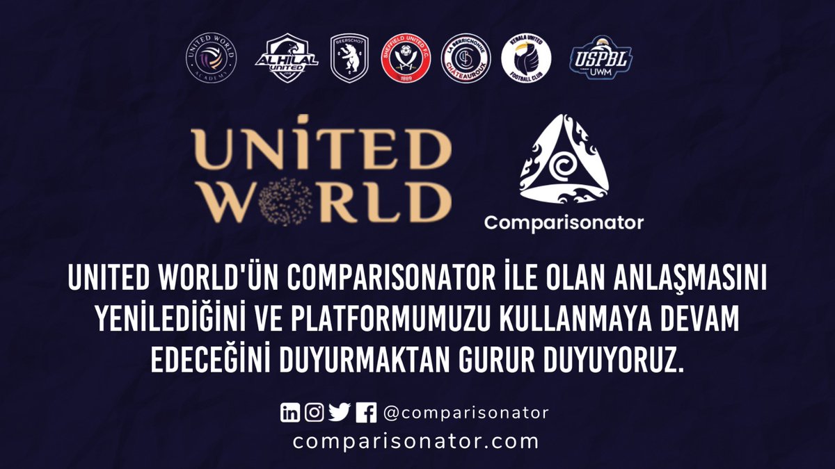United World'ün Comparisonator anlaşmasını yenilediğini ve platformumuzu kullanmaya devam edeceğini duyurmaktan gurur duyuyoruz.

United World, Sheffield United FC, K. Beerschot V.A, La Berrichonne de Châteauroux, Al-Hilal United, Kerala United, United World Academy ve diğer…