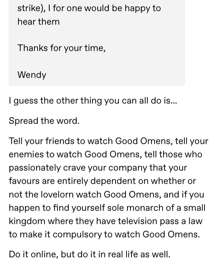For Season 3 to happen we need to spread the word both online and in real life. Encourage people to watch Good Omens. 

#GoodOmens #GoodOmens2