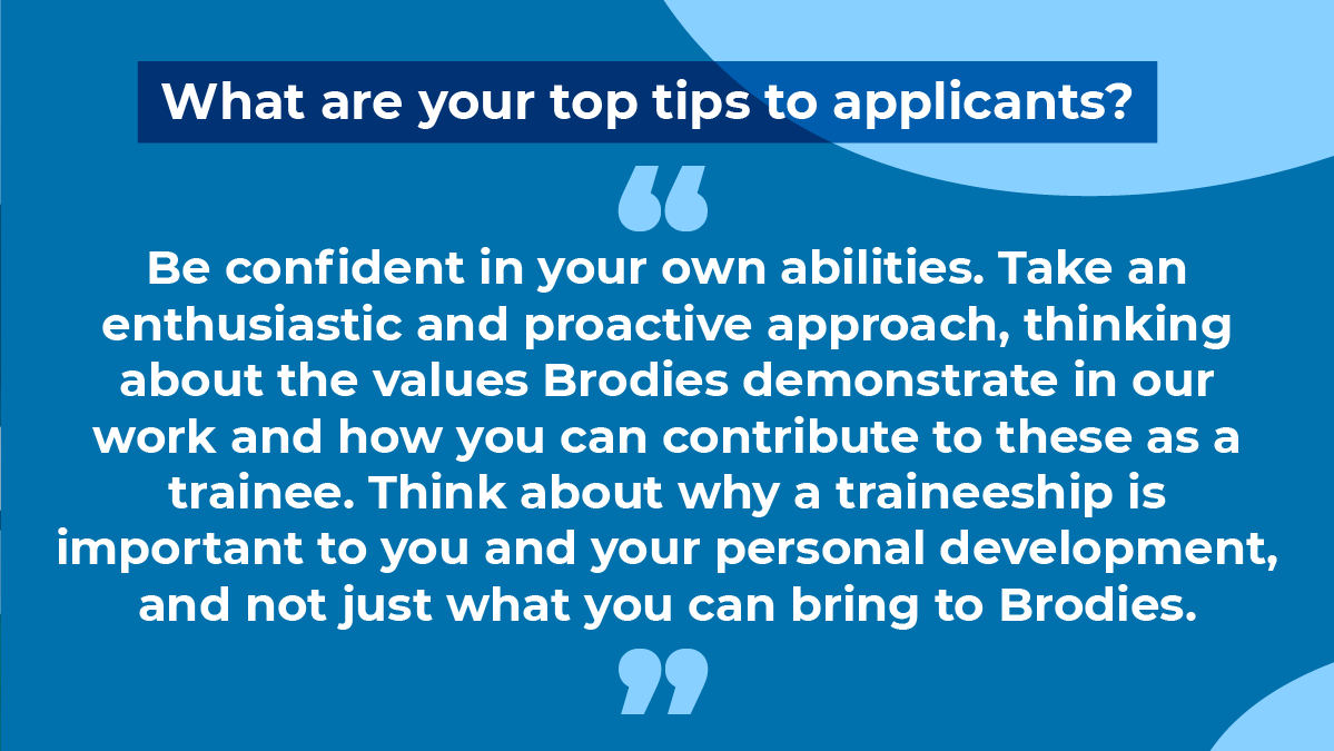 BrodiesLLP's tweet photo. Meet Nina, a trainee lawyer in litigation. Nina shares her top tips with applicants and tells us what she thinks is the best thing about working at Brodies, as well as the opportunities on offer to trainees.  

#traineelifatBrodies #traineeships #Brodiestrainees https://t.co/AsoePbZOuI