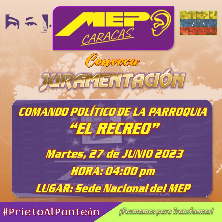 Te invitamos cordialmente!🎟️
Hoy!  4:00 de la tarde🕦

🤚Juramentación del Comando Político de la Parroquia el Recreo🌇

Sede Plaza Venezuela📍

#PrietoAlPanteón 
#EnVzlaCelacEsCiencia

@GilbertoGimenez 
@MEPoficial19671 
@kemp_edwardo 
@PedroKonductaz 
@NicolasMaduro