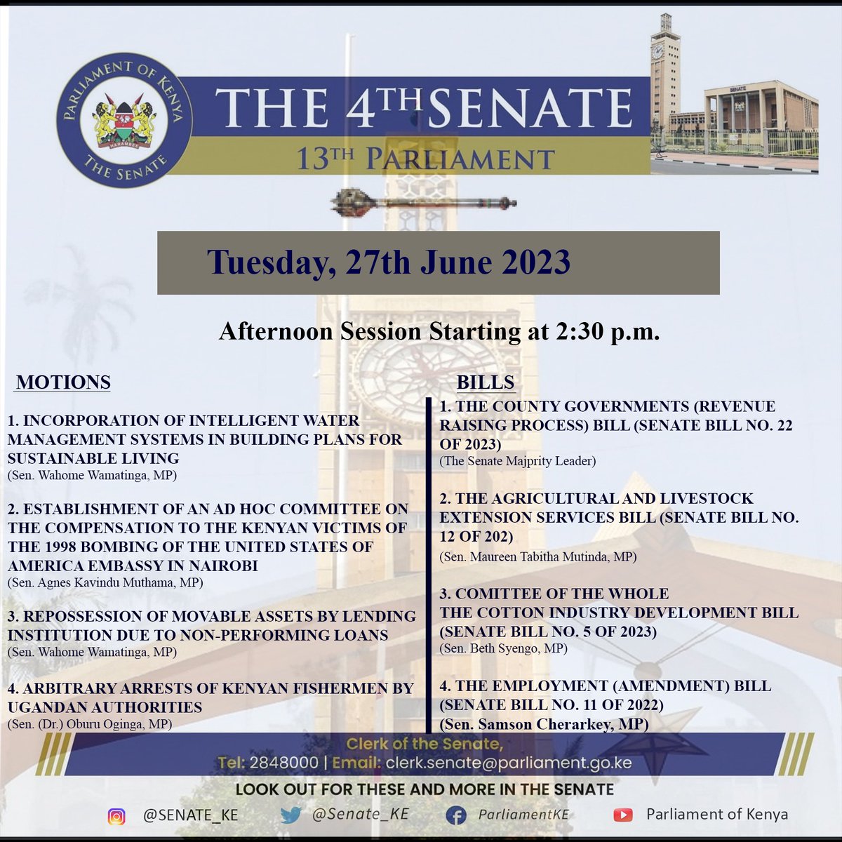 Senate_KE's tweet photo. The Senate will have a sitting today afternoon at 2.30pm in the Senate Chamber, Parliament Buildings. Follow the link for a detailed Order Paper #SenateLive #2ndSession #4thSenate #13thParliament https://t.co/VIT4GmzKvZ https://t.co/KnAMTehCYy