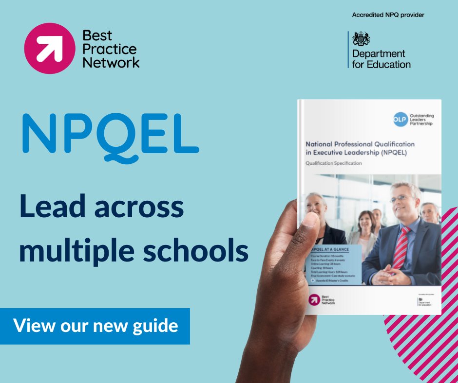 🎯#NPQEL Focus Week🎯Participants of the NPQ for Executive Leadership will learn through a mixture of online study, webinars, One-to-One coaching and Face-to-Face events, including a two-day residential. 

View our course guide to find out more: ow.ly/wNTm50OXWwG