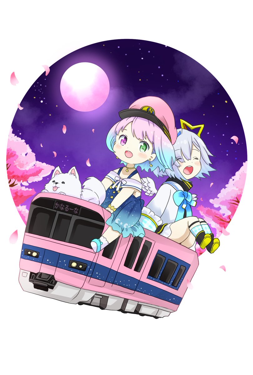 multiple girls 2girls heterochromia moon cherry blossoms ground vehicle pink hair  illustration images