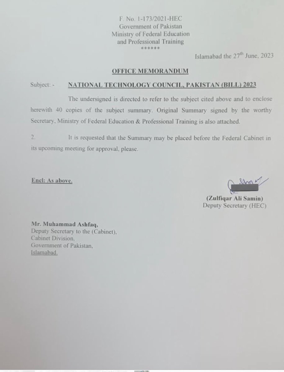 ShazaFK's tweet photo. The National Technology Council Pakistan Bill has been moved by Ministry of Edu for approval of Cabinet.

Extremely grateful to @RTanveerPMLN sb for expediting the process as soon as it was brought to his notice

After Cabinet approval it will be brought to Parliament for passage https://t.co/hQDJiba3d4