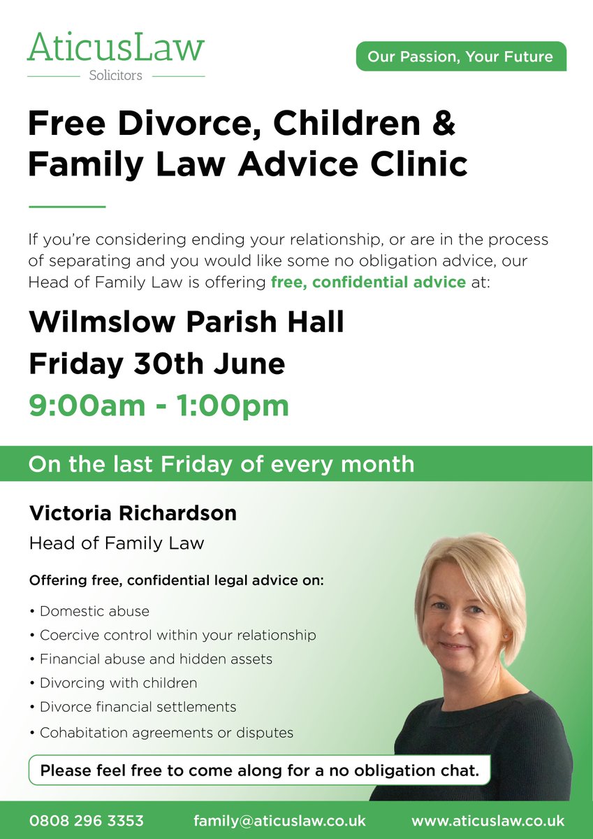 Victoria's next Free #FamilyLaw Advice Clinic is this Friday, 30th June in #Wilmslow.

If you need legal advice on #Divorce, #Children or #Family Law, pop in for a no obligation, completely confidential chat. 

Please share with anyone who may be in need of #legaladvice.