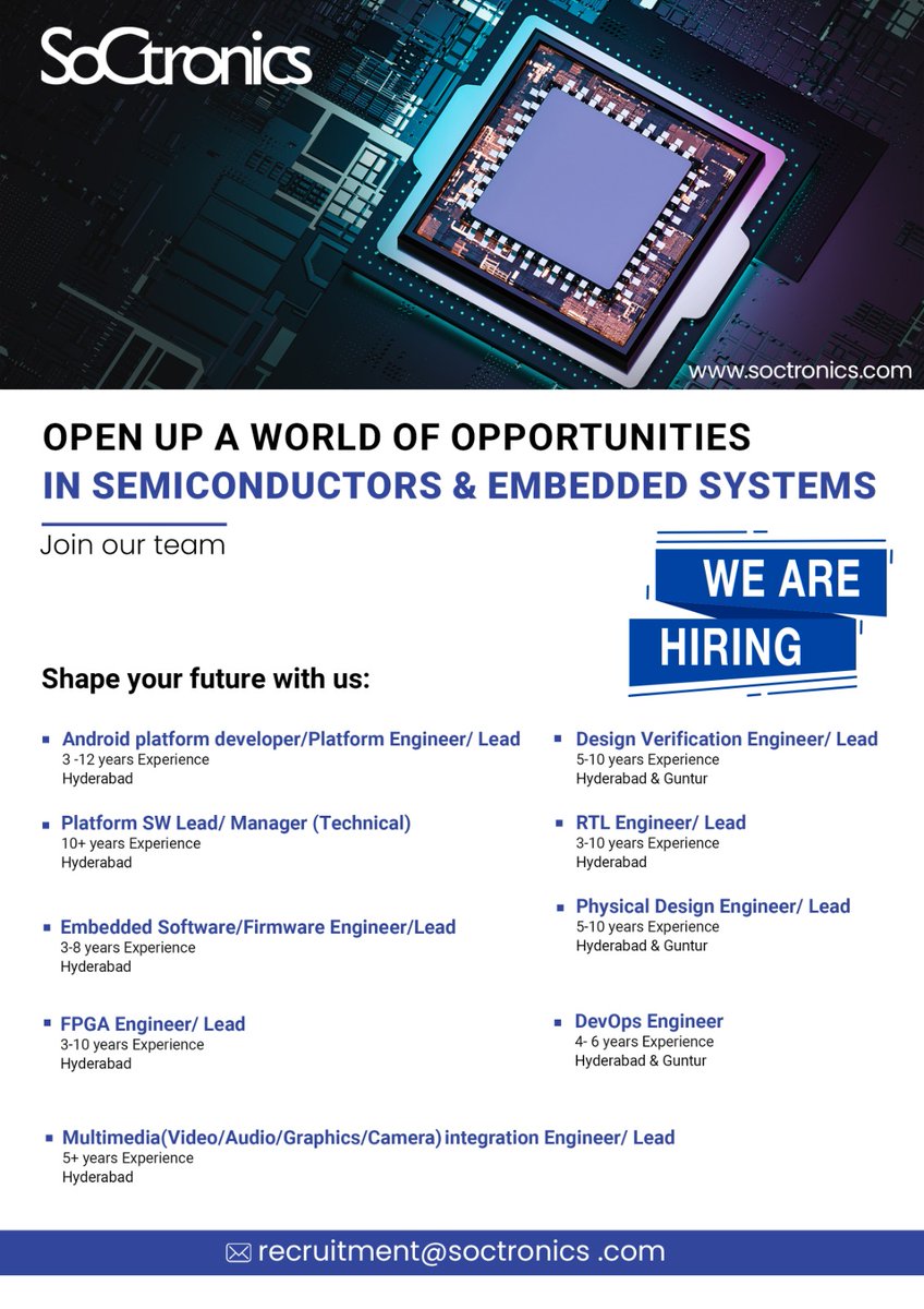 SCtronics's tweet photo. We are hiring! Join our team and explore multiple opportunities in the semiconductor domain.
To know more visit: https://t.co/H3qoH2ypmg
#SoCtronics #jobhunting #jobseekers #engineering #careergoals #jobsearch #jobopportunity #hiring https://t.co/LgyHJyoXnb